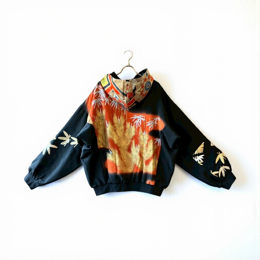 Kurotomesode & Obi Reconstructed Hoodie with Bamboo & Pine Pattern One-of-a-kind Unisex zivun