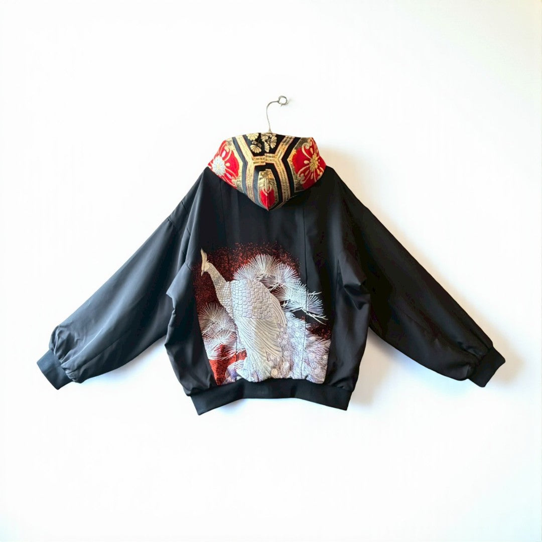 Kurotomesode & Obi Reconstructed Hoodie with Embroidered Peacock & Gold Brocade Hood One-of-a-kind Unisex zivun