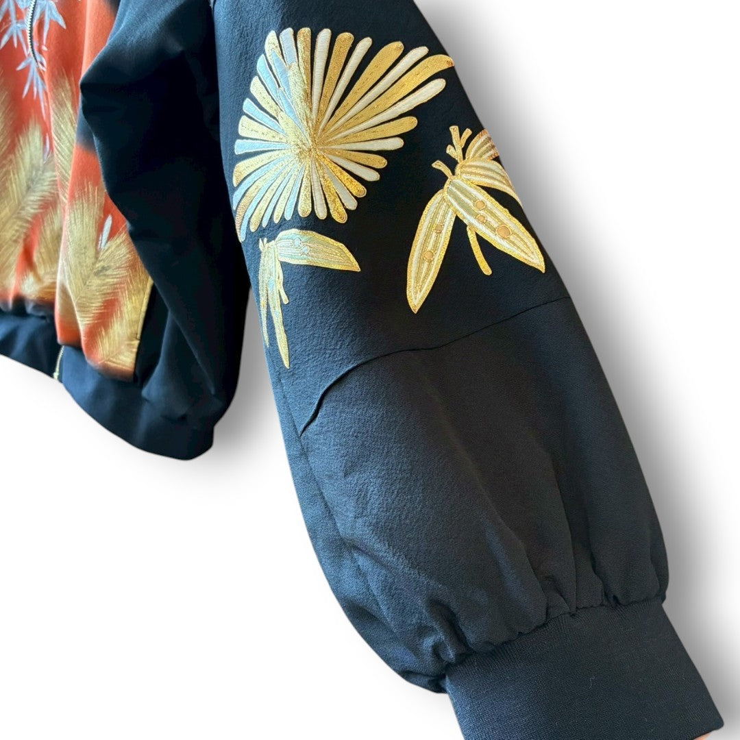 Kurotomesode & Obi Reconstructed Hoodie with Bamboo & Pine Pattern One-of-a-kind Unisex zivun