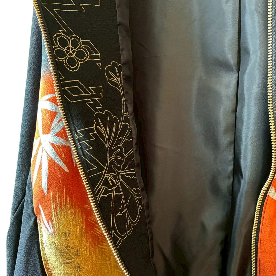 Kurotomesode & Obi Reconstructed Hoodie with Bamboo & Pine Pattern One-of-a-kind Unisex zivun
