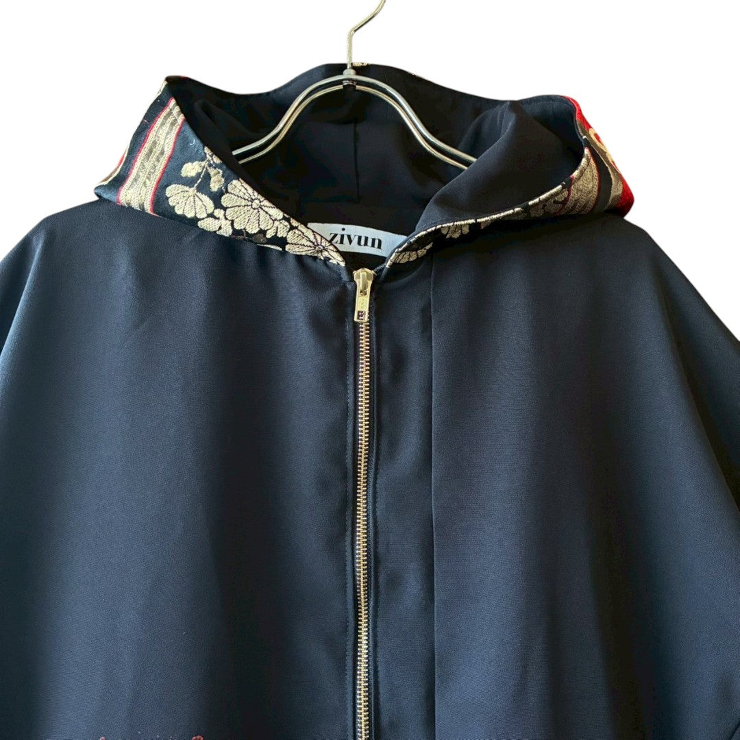 Kurotomesode & Obi Reconstructed Hoodie with Embroidered Peacock & Gold Brocade Hood One-of-a-kind Unisex zivun
