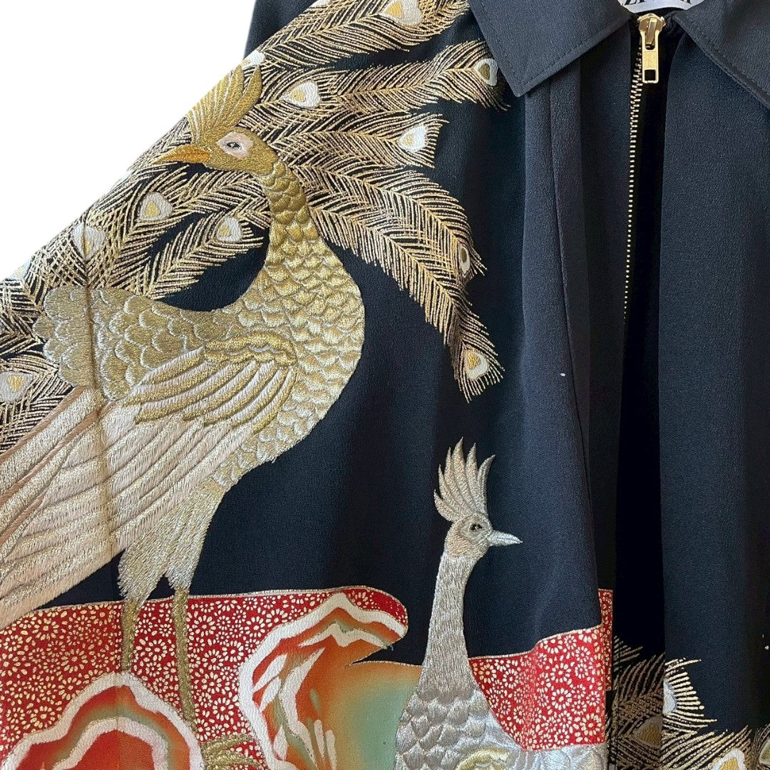 Kurotomesode Reconstructed Balloon Jacket Peacock Embroidery Draped Silhouette One-of-a-kind Unisex zivun