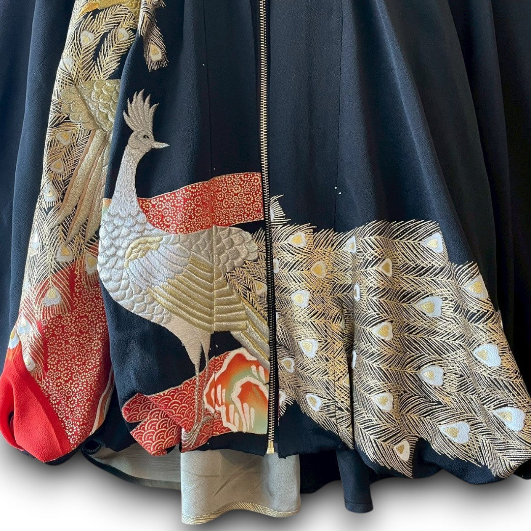 Kurotomesode Reconstructed Balloon Jacket Peacock Embroidery Draped Silhouette One-of-a-kind Unisex zivun