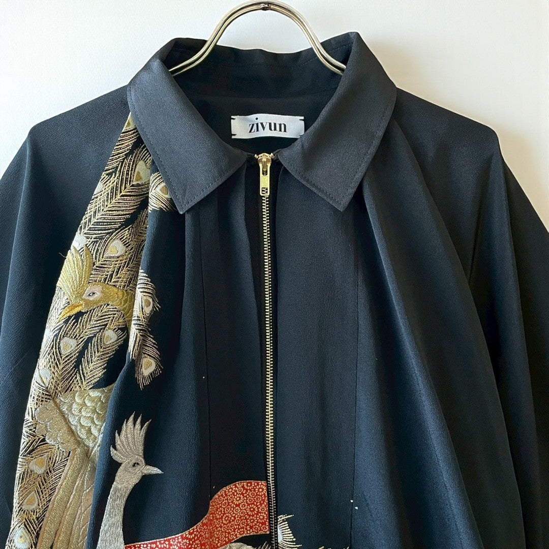 Kurotomesode Reconstructed Balloon Jacket Peacock Embroidery Draped Silhouette One-of-a-kind Unisex zivun