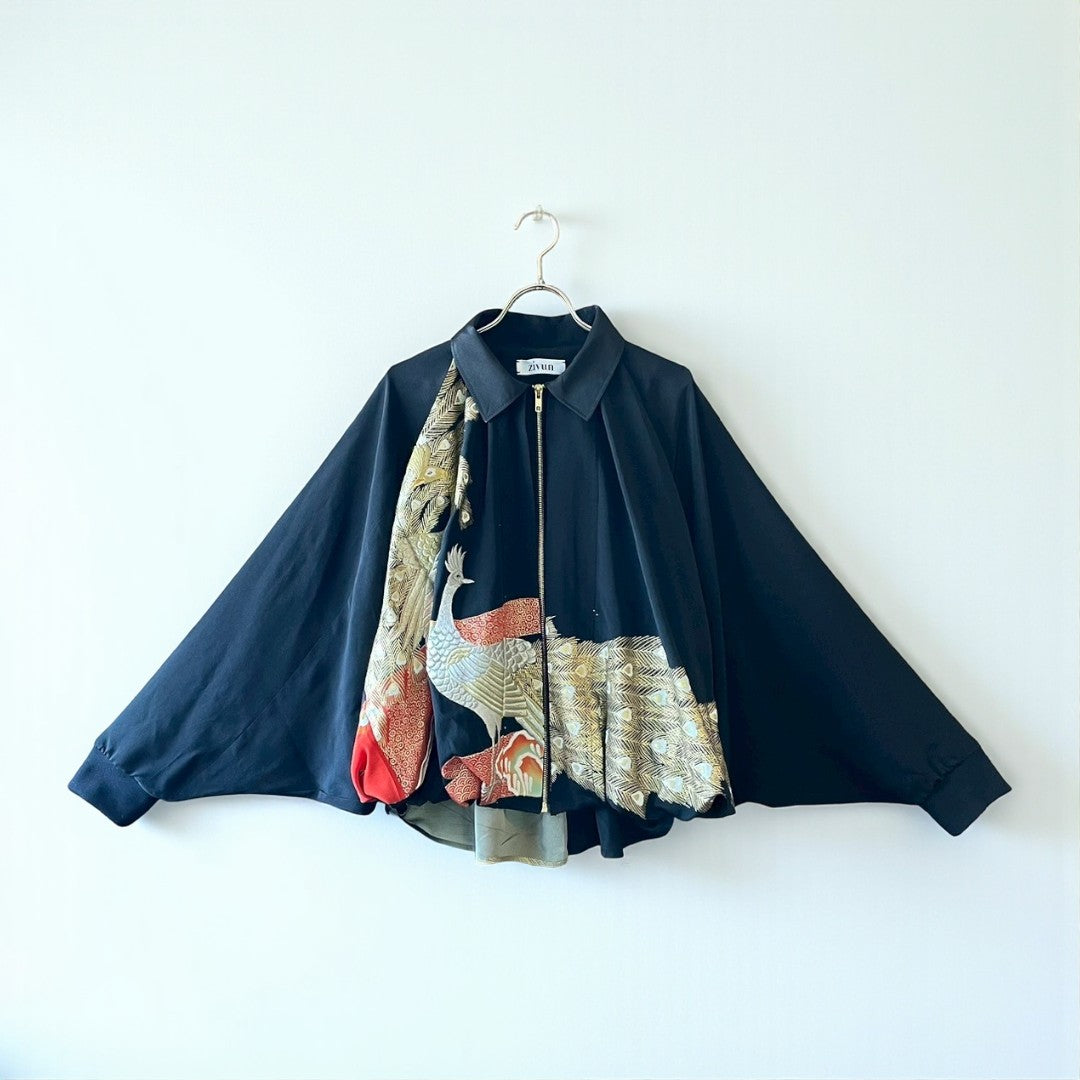 Kurotomesode Reconstructed Balloon Jacket Peacock Embroidery Draped Silhouette One-of-a-kind Unisex zivun