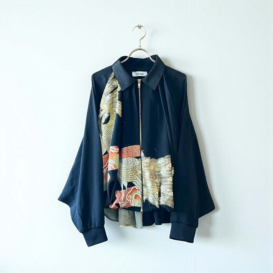 Kurotomesode Reconstructed Balloon Jacket Peacock Embroidery Draped Silhouette One-of-a-kind Unisex zivun
