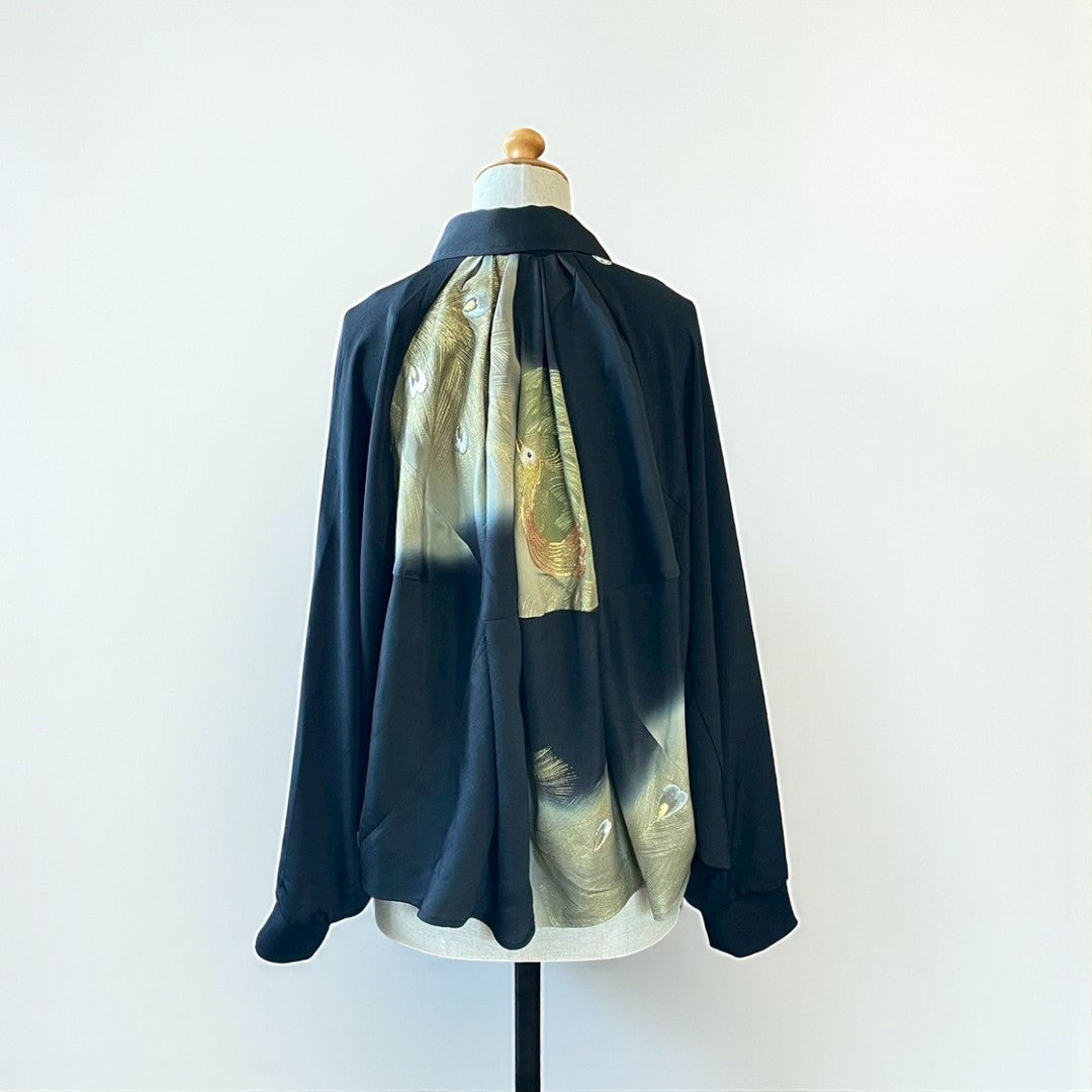 Kurotomesode Reconstructed Balloon Jacket Peacock Embroidery Draped Silhouette One-of-a-kind Unisex zivun