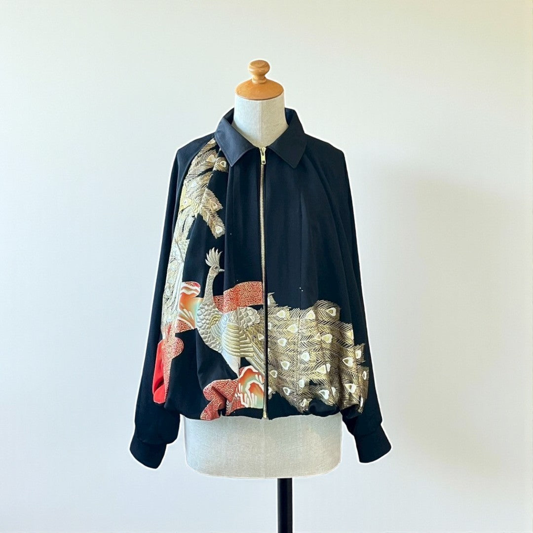 Kurotomesode Reconstructed Balloon Jacket Peacock Embroidery Draped Silhouette One-of-a-kind Unisex zivun