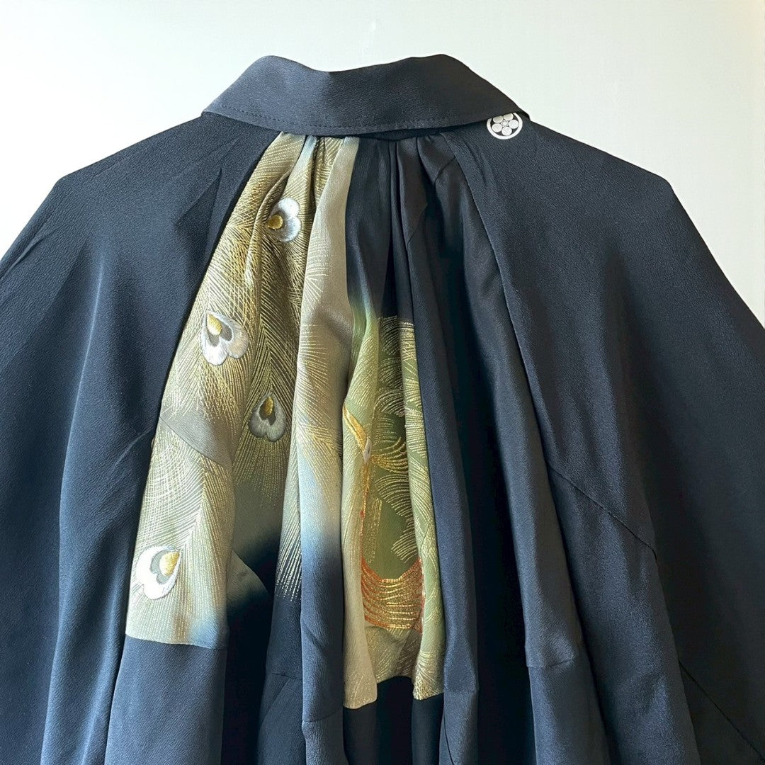 Kurotomesode Reconstructed Balloon Jacket Peacock Embroidery Draped Silhouette One-of-a-kind Unisex zivun