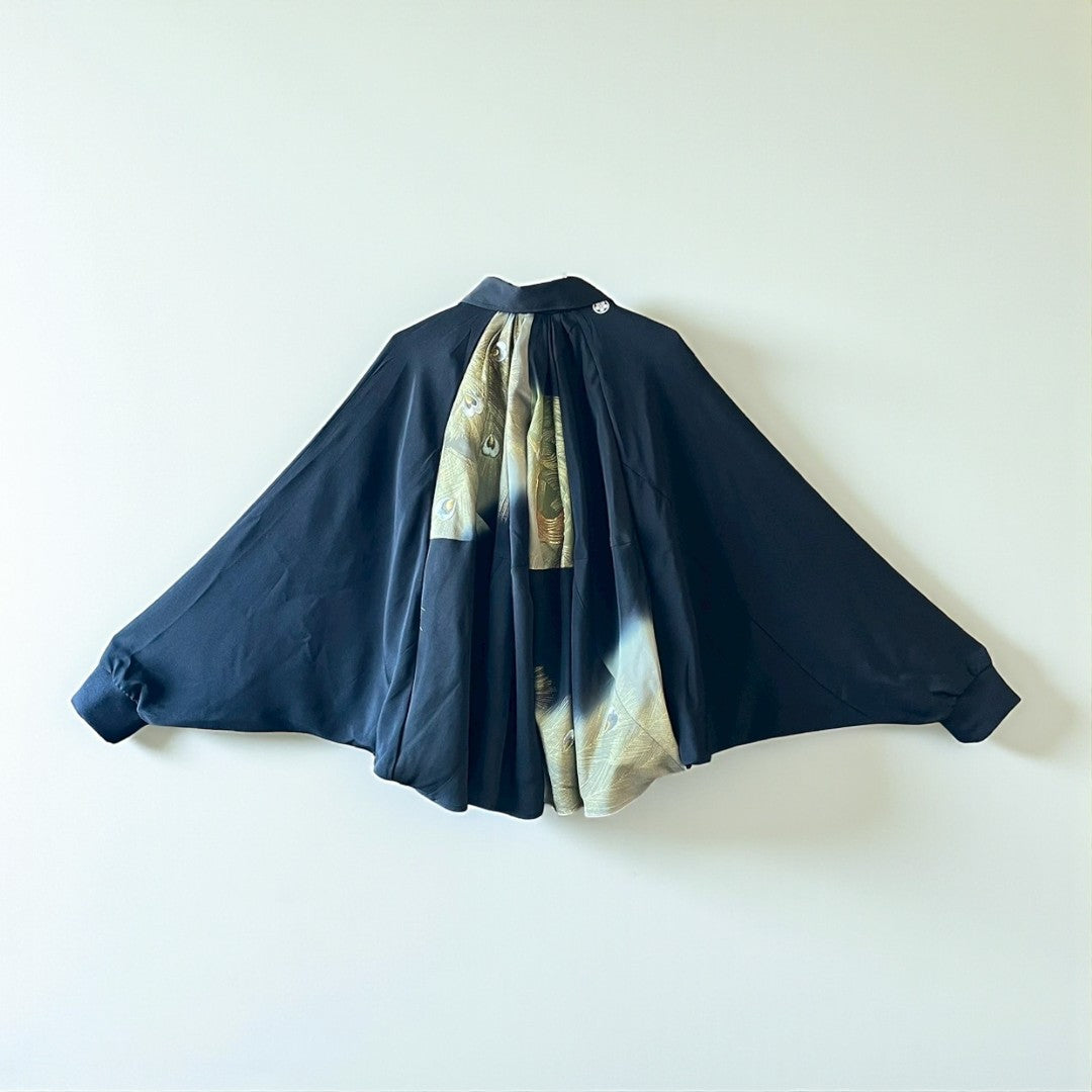 Kurotomesode Reconstructed Balloon Jacket Peacock Embroidery Draped Silhouette One-of-a-kind Unisex zivun
