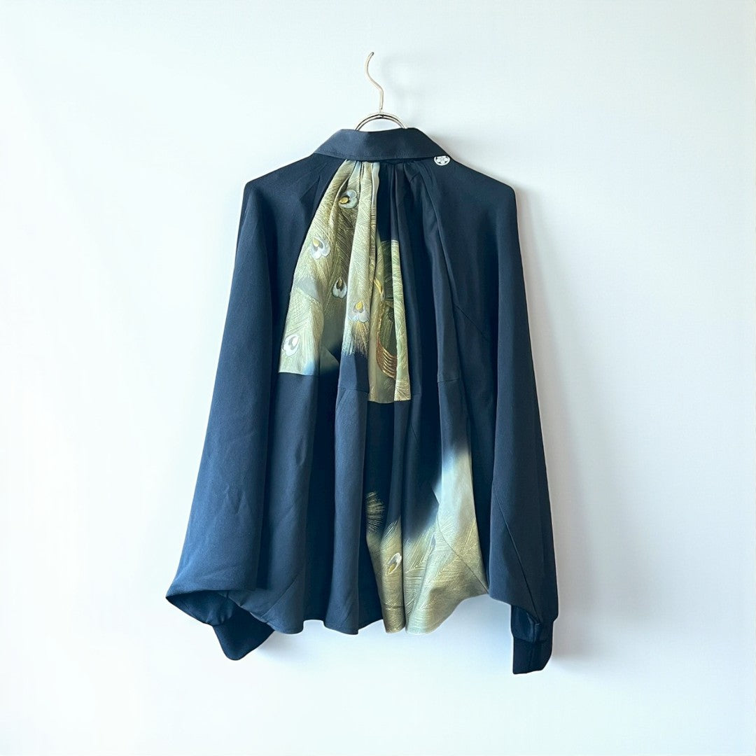 Kurotomesode Reconstructed Balloon Jacket Peacock Embroidery Draped Silhouette One-of-a-kind Unisex zivun