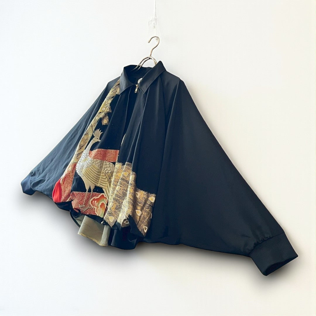Kurotomesode Reconstructed Balloon Jacket Peacock Embroidery Draped Silhouette One-of-a-kind Unisex zivun