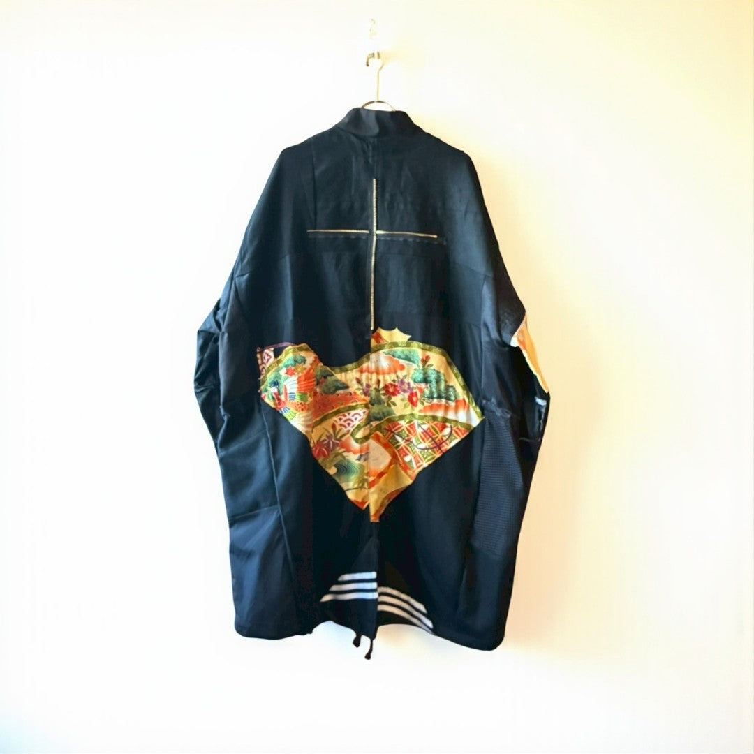 Kurotomesode × Mixed Materials Reconstructed Mods Coat Denim Nylon & Obi Patchwork One-of-a-kind Unisex zivun