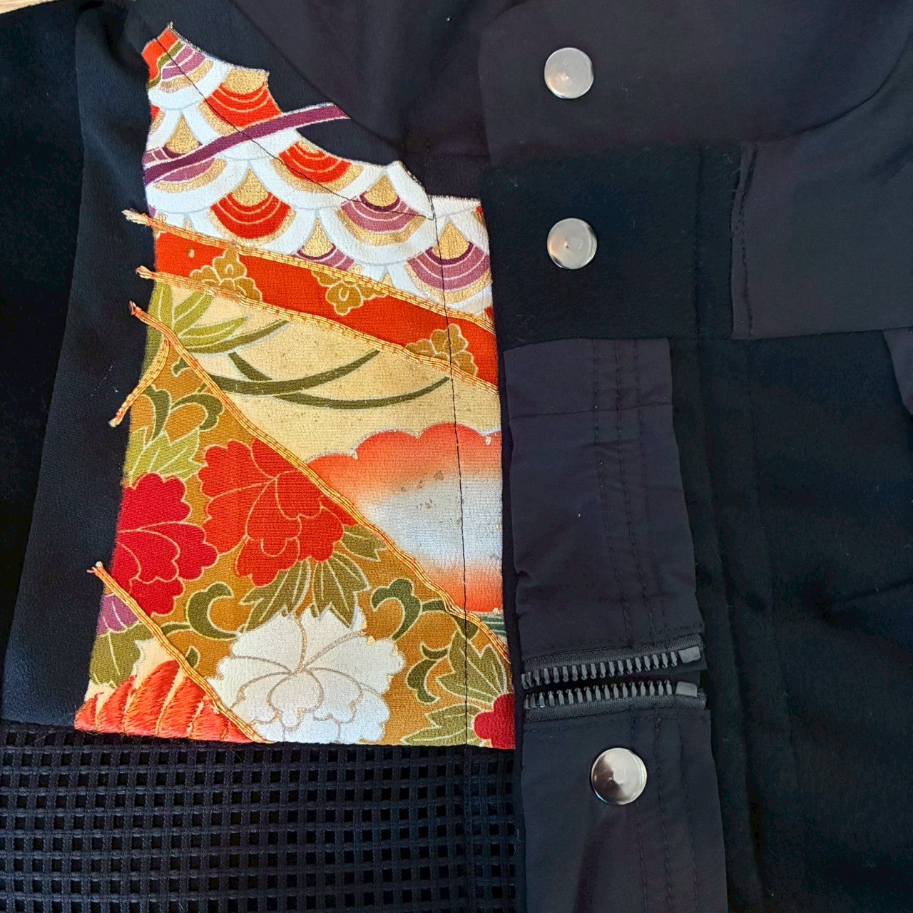 Kurotomesode × Mixed Materials Reconstructed Mods Coat Denim Nylon & Obi Patchwork One-of-a-kind Unisex zivun