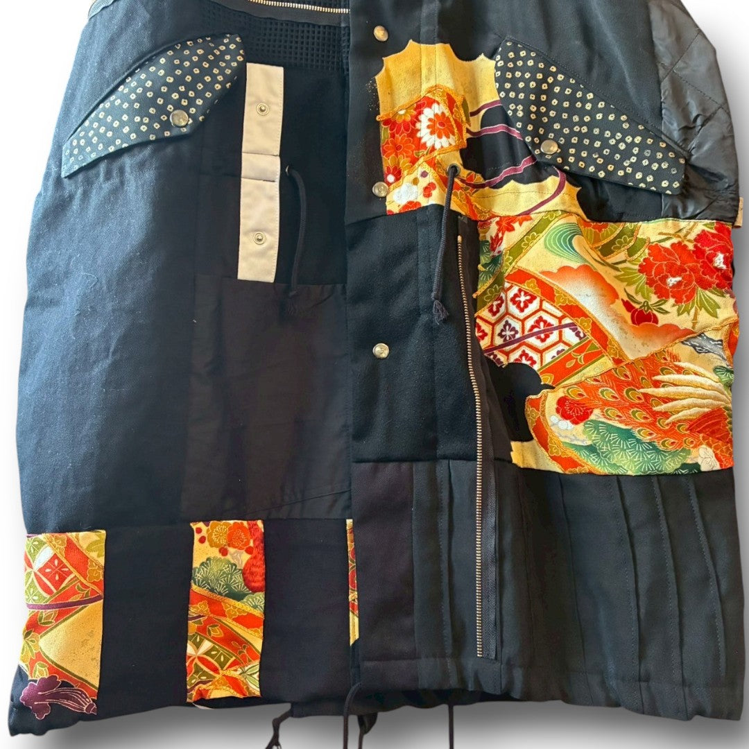 Kurotomesode × Mixed Materials Reconstructed Mods Coat Denim Nylon & Obi Patchwork One-of-a-kind Unisex zivun