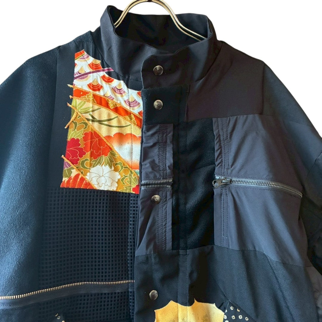 Kurotomesode × Mixed Materials Reconstructed Mods Coat Denim Nylon & Obi Patchwork One-of-a-kind Unisex zivun