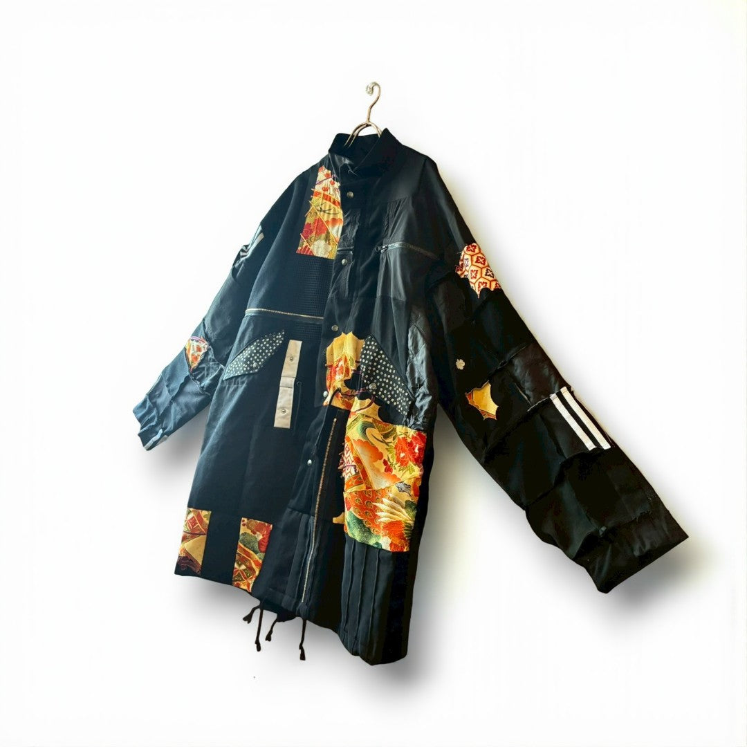 Kurotomesode × Mixed Materials Reconstructed Mods Coat Denim Nylon & Obi Patchwork One-of-a-kind Unisex zivun