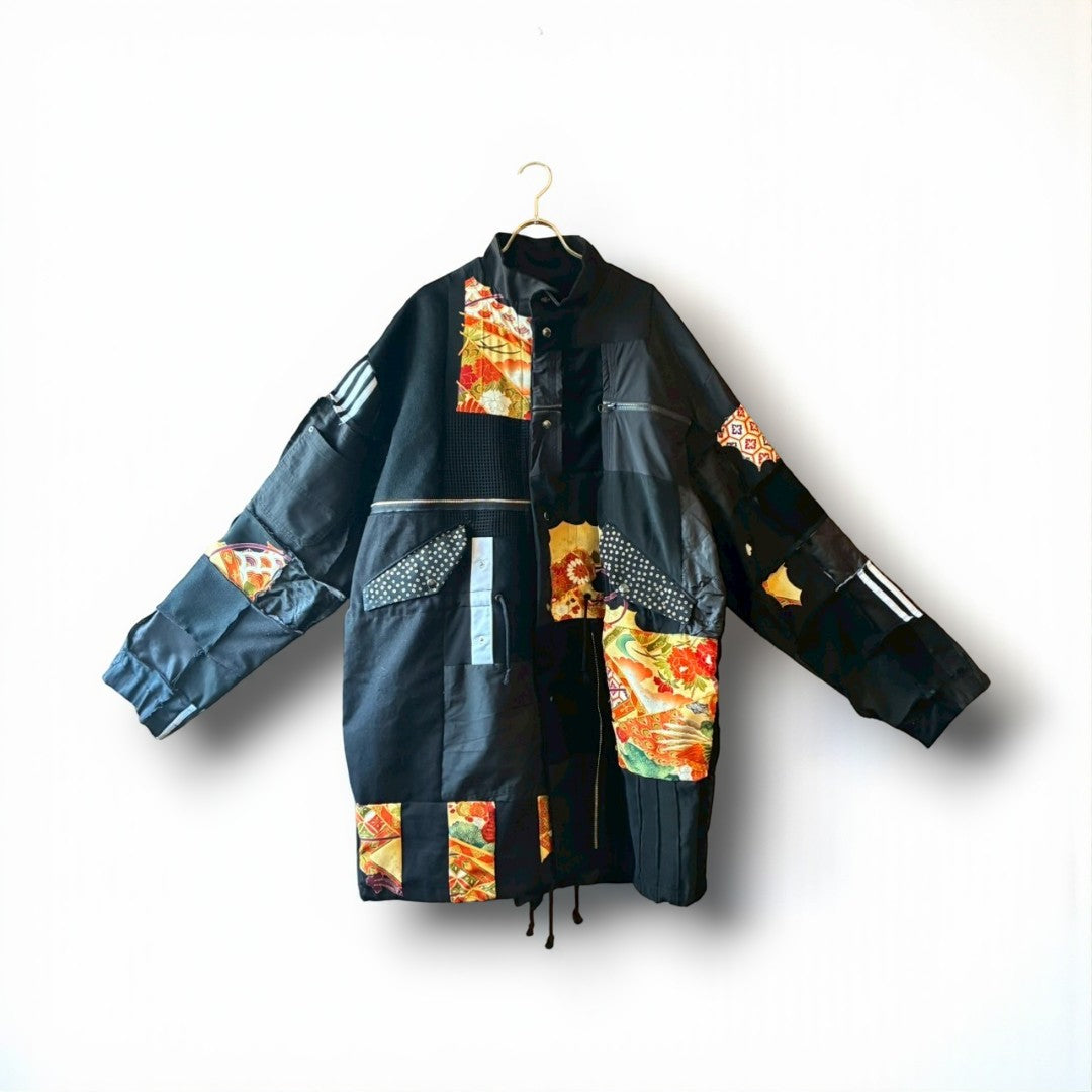 Kurotomesode × Mixed Materials Reconstructed Mods Coat Denim Nylon & Obi Patchwork One-of-a-kind Unisex zivun