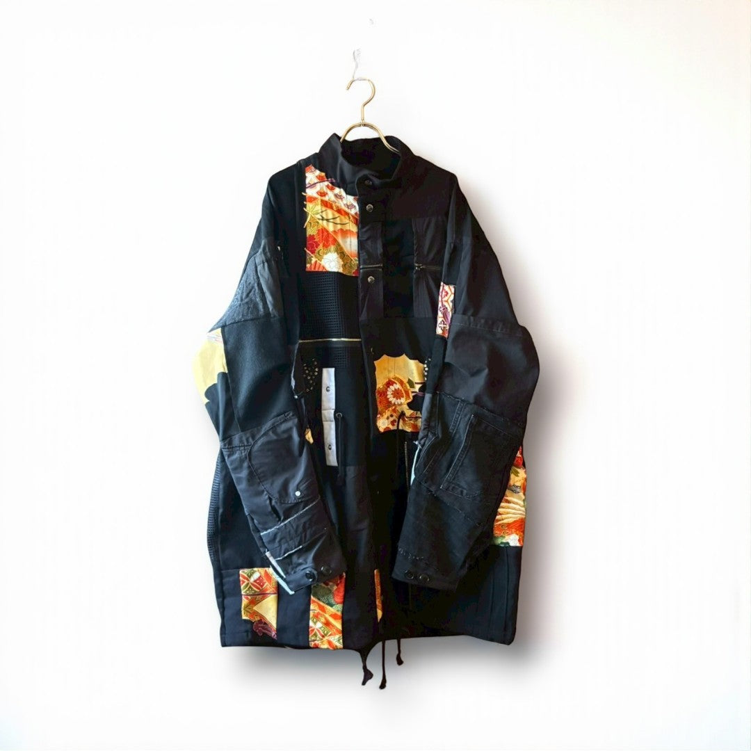 Kurotomesode × Mixed Materials Reconstructed Mods Coat Denim Nylon & Obi Patchwork One-of-a-kind Unisex zivun
