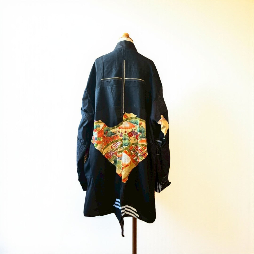 Kurotomesode × Mixed Materials Reconstructed Mods Coat Denim Nylon & Obi Patchwork One-of-a-kind Unisex zivun