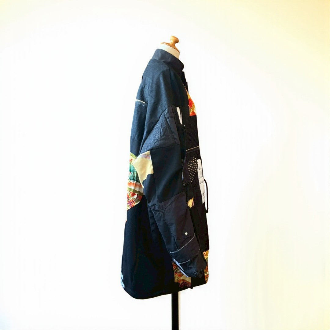 Kurotomesode × Mixed Materials Reconstructed Mods Coat Denim Nylon & Obi Patchwork One-of-a-kind Unisex zivun
