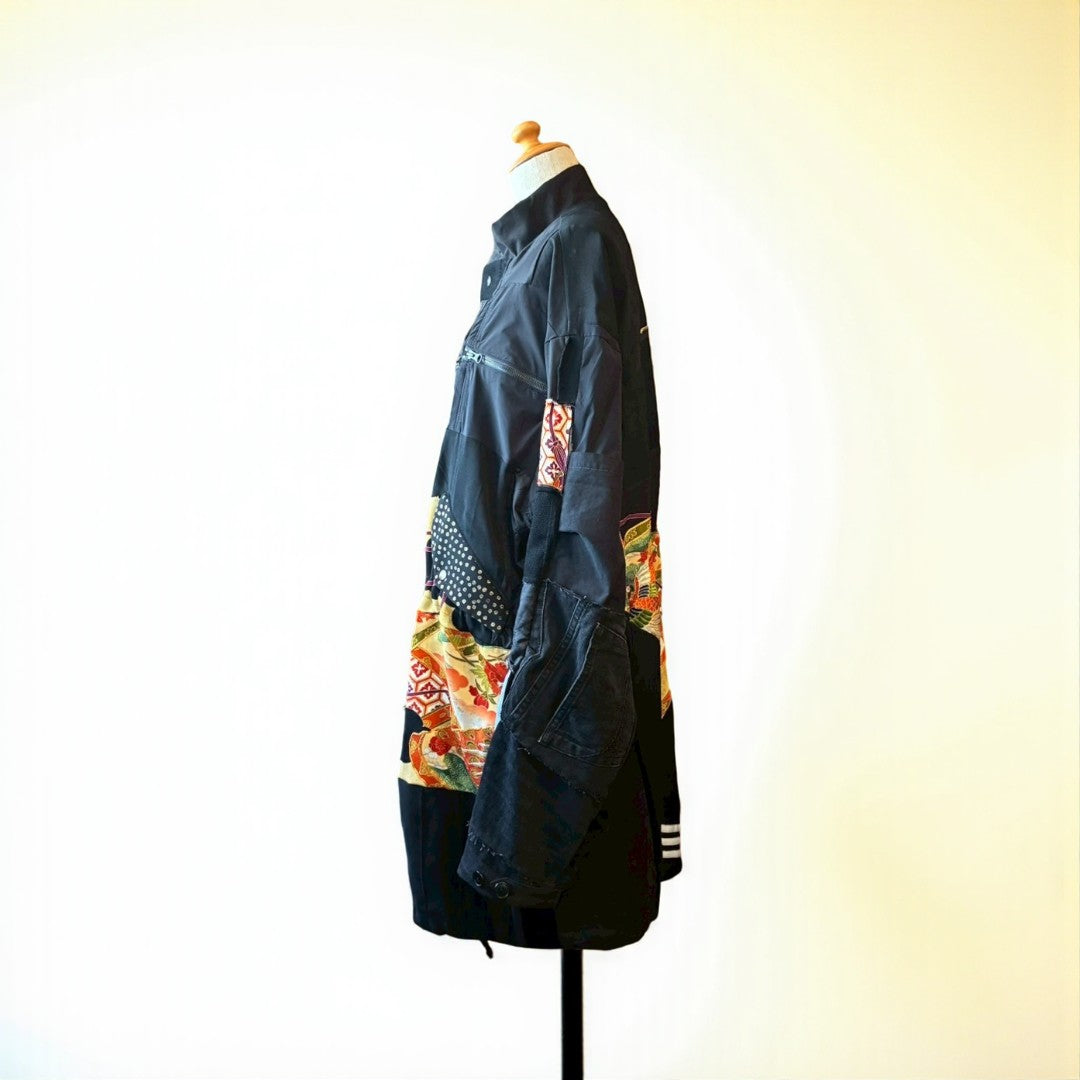 Kurotomesode × Mixed Materials Reconstructed Mods Coat Denim Nylon & Obi Patchwork One-of-a-kind Unisex zivun