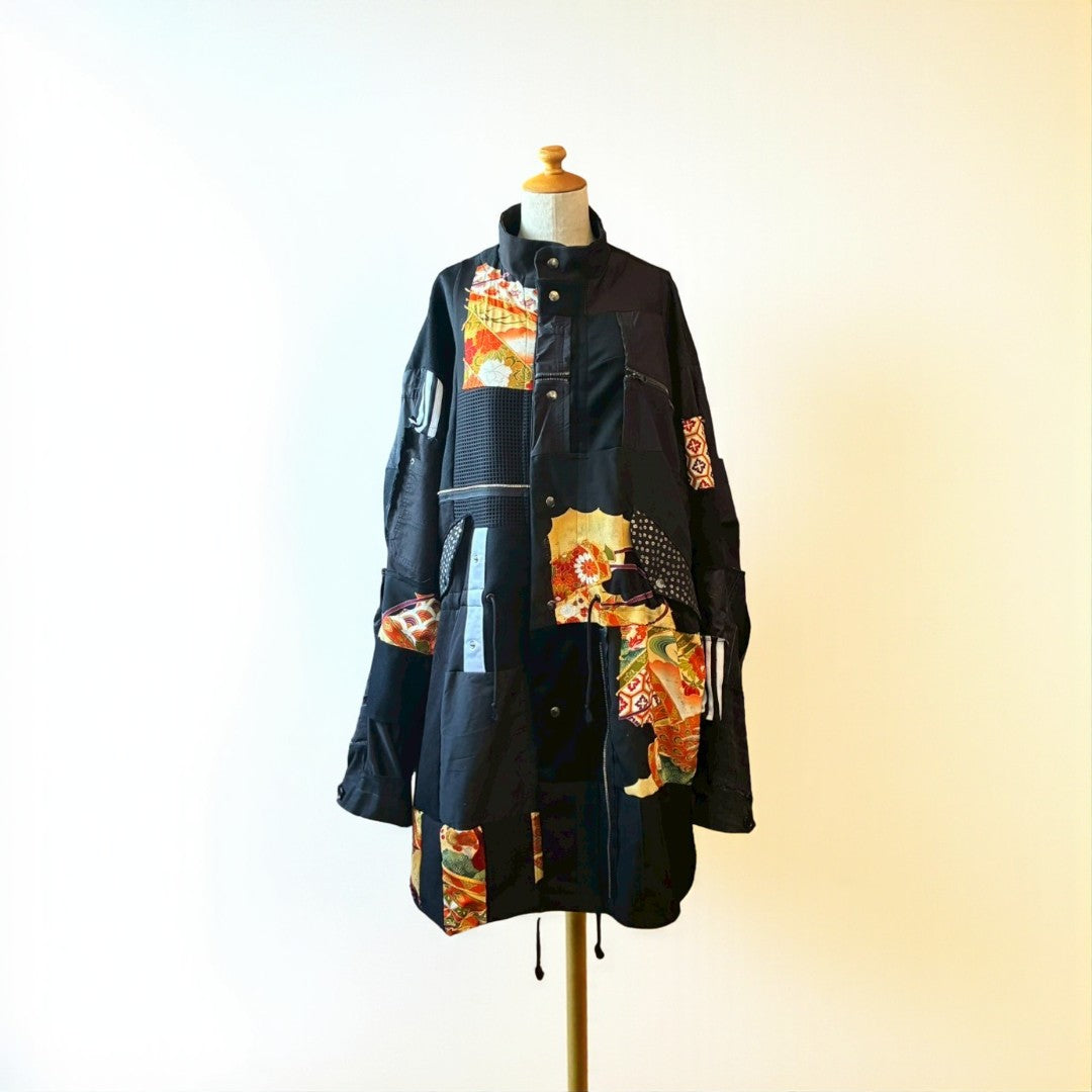 Kurotomesode × Mixed Materials Reconstructed Mods Coat Denim Nylon & Obi Patchwork One-of-a-kind Unisex zivun