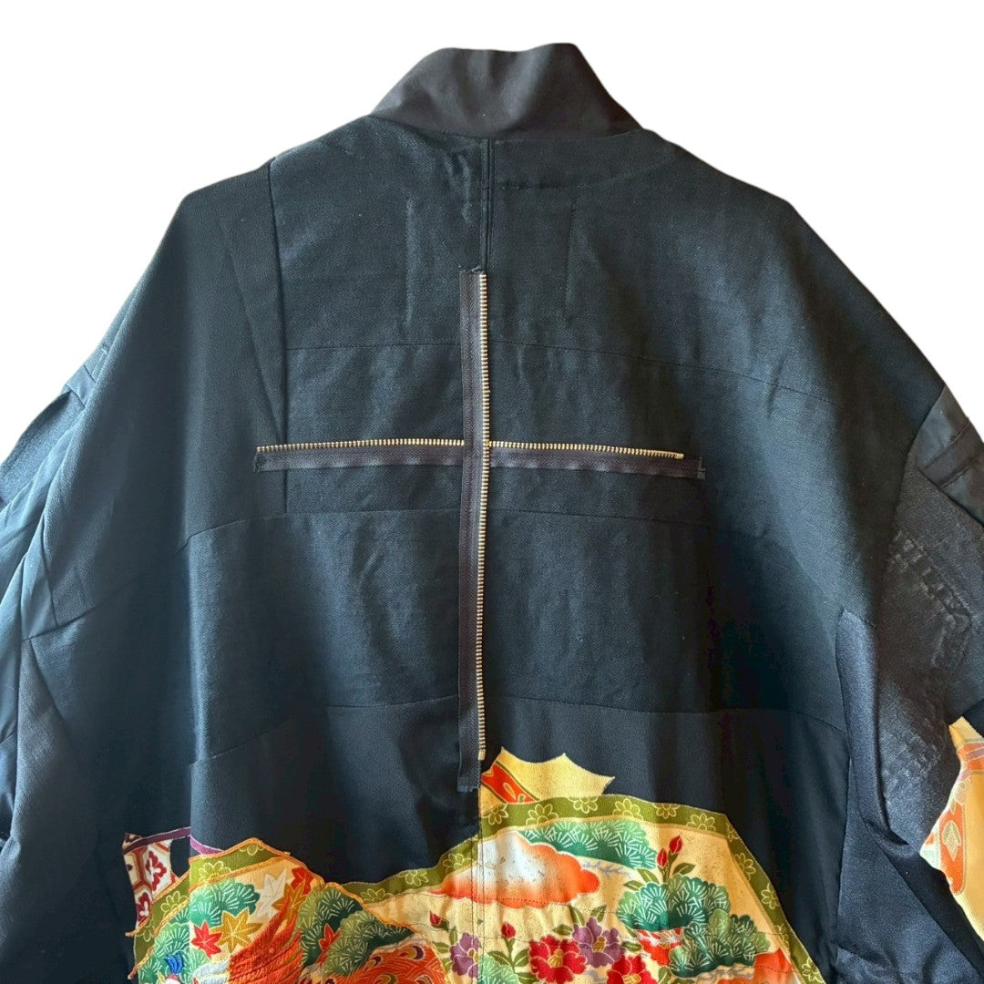Kurotomesode × Mixed Materials Reconstructed Mods Coat Denim Nylon & Obi Patchwork One-of-a-kind Unisex zivun
