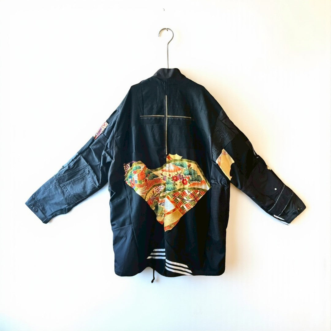 Kurotomesode × Mixed Materials Reconstructed Mods Coat Denim Nylon & Obi Patchwork One-of-a-kind Unisex zivun