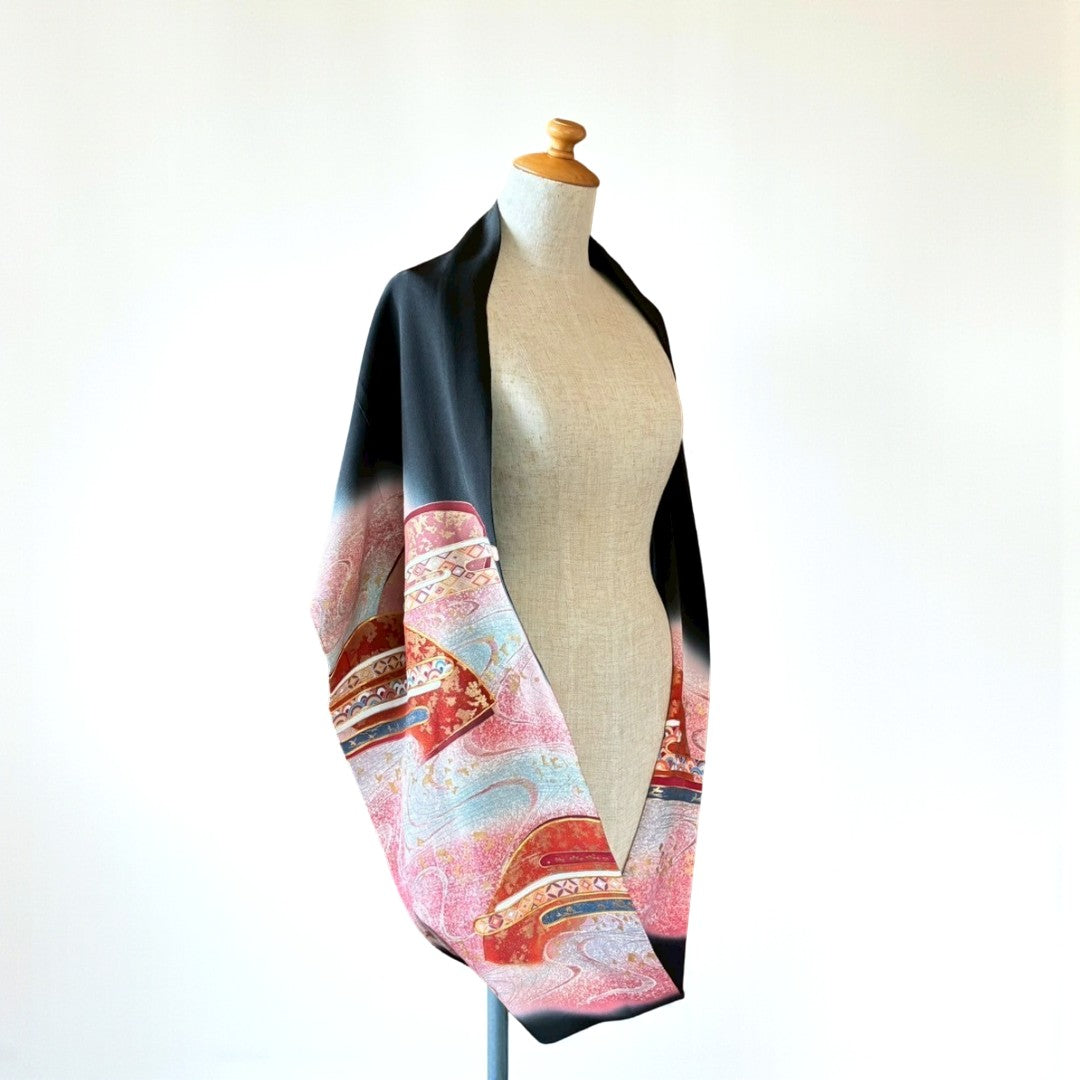 Remake Kuromontsuki Kimono Stole – Gosho-Guruma & Flowing Water Motif