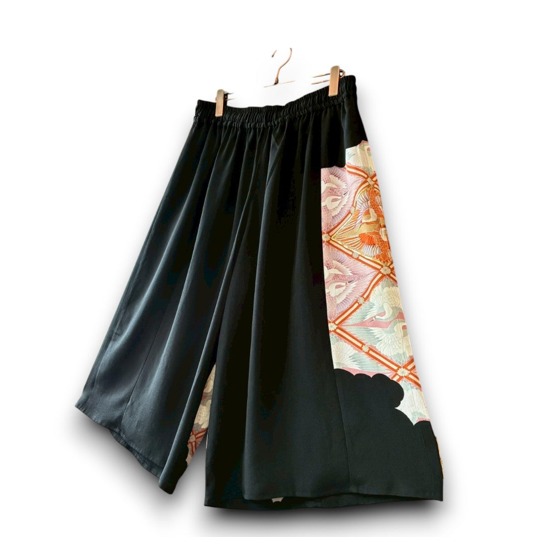 Reconstructed Wide-Leg Pants – Vintage Kimono with Crane Motif