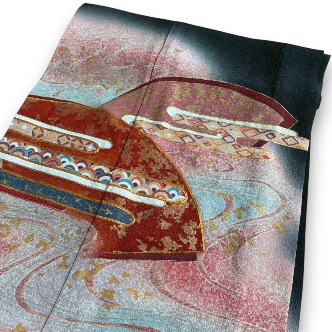 Remake Kuromontsuki Kimono Stole – Gosho-Guruma & Flowing Water Motif
