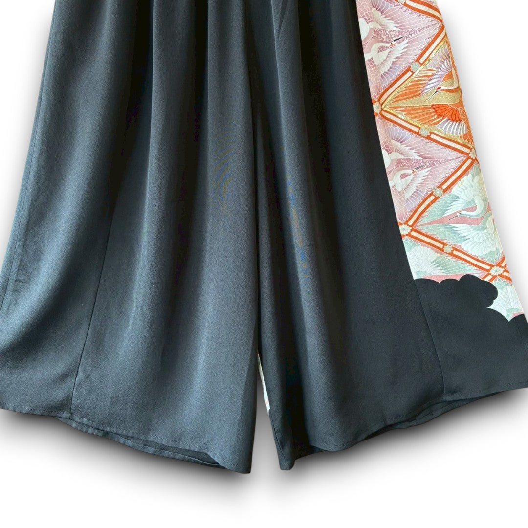 Reconstructed Wide-Leg Pants – Vintage Kimono with Crane Motif