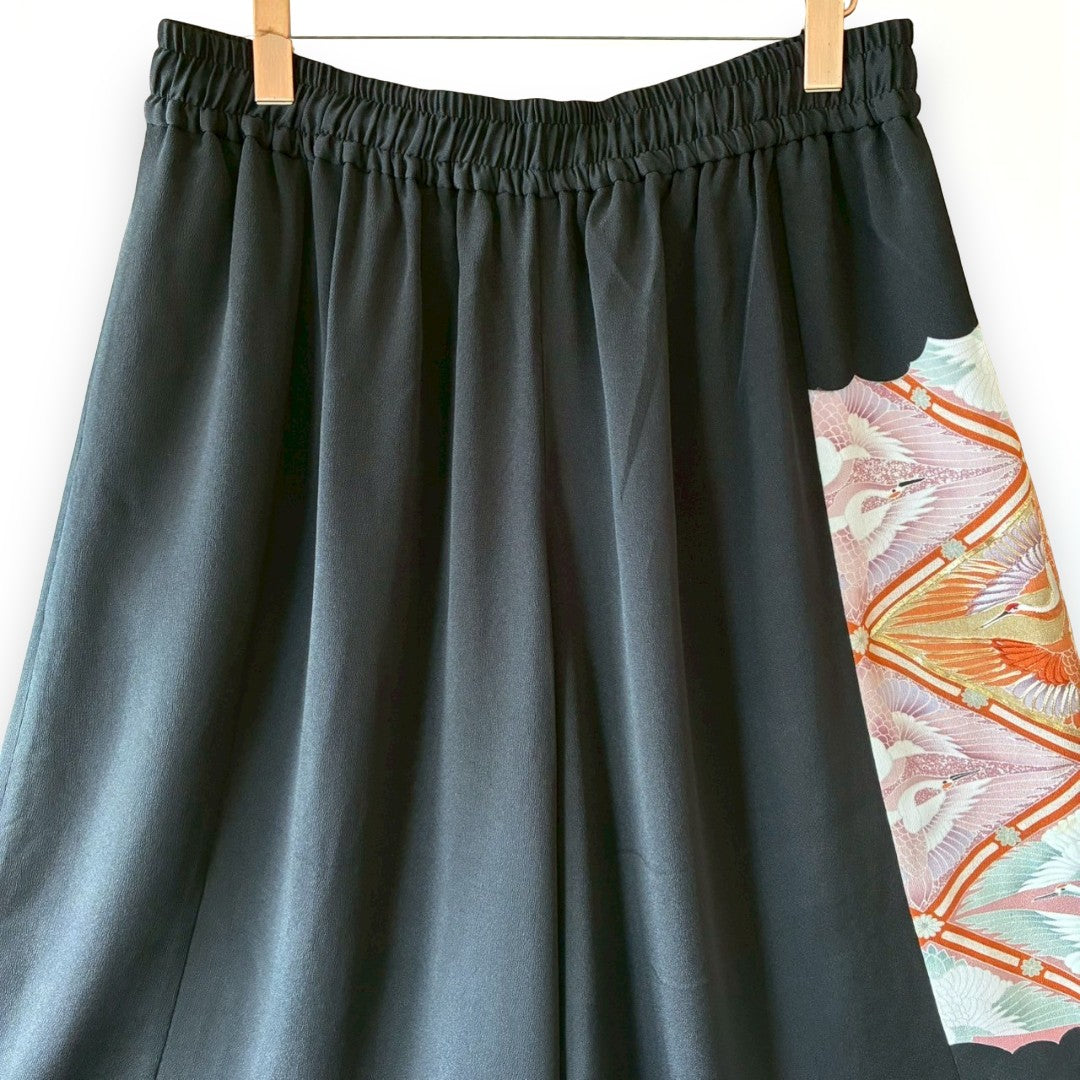 Reconstructed Wide-Leg Pants – Vintage Kimono with Crane Motif