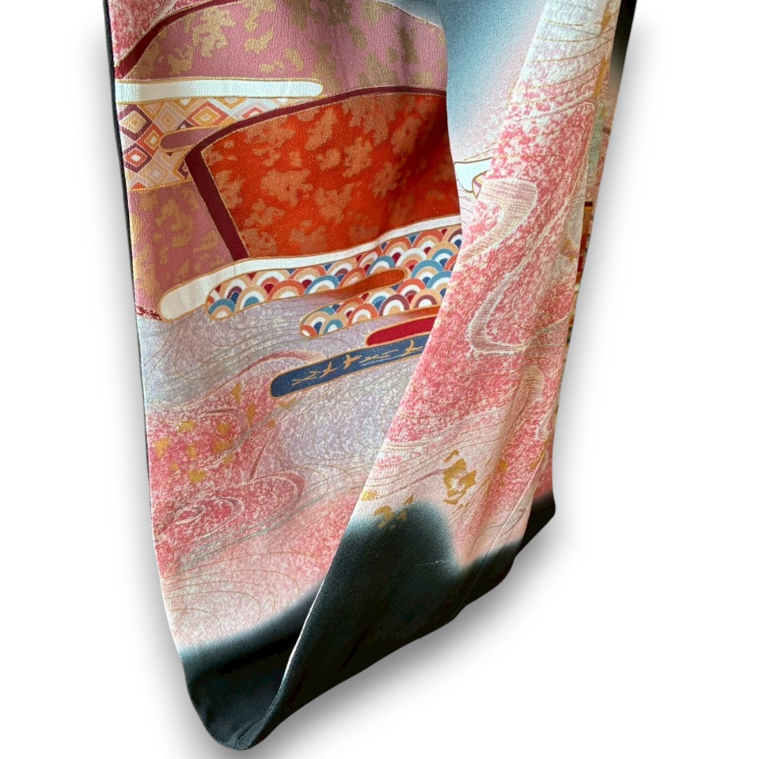 Remake Kuromontsuki Kimono Stole – Gosho-Guruma & Flowing Water Motif
