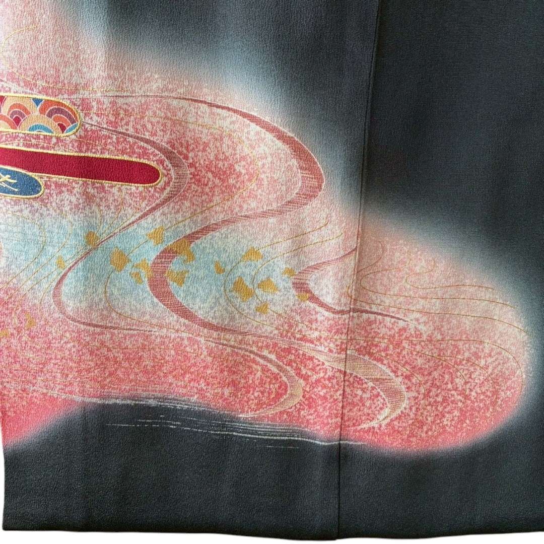 Remake Kuromontsuki Kimono Stole – Gosho-Guruma & Flowing Water Motif