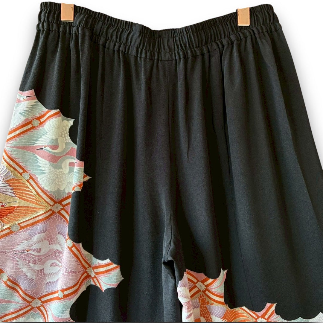 Reconstructed Wide-Leg Pants – Vintage Kimono with Crane Motif