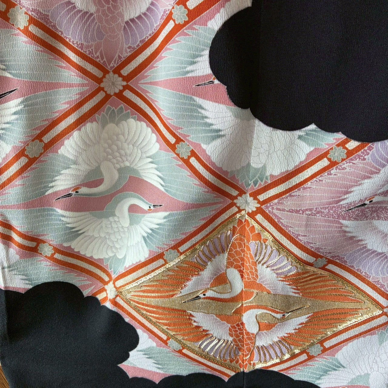 Reconstructed Wide-Leg Pants – Vintage Kimono with Crane Motif