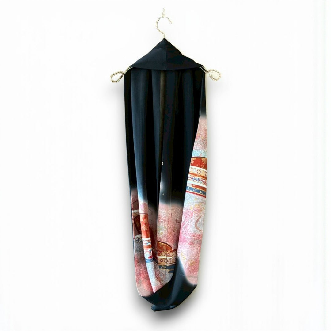 Remake Kuromontsuki Kimono Stole – Gosho-Guruma & Flowing Water Motif