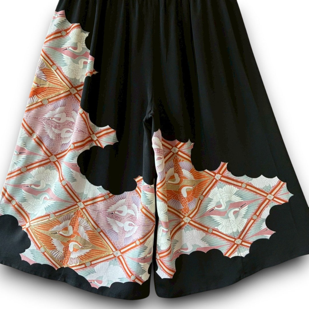 Reconstructed Wide-Leg Pants – Vintage Kimono with Crane Motif