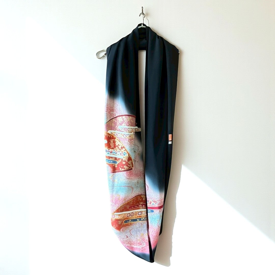 Remake Kuromontsuki Kimono Stole – Gosho-Guruma & Flowing Water Motif