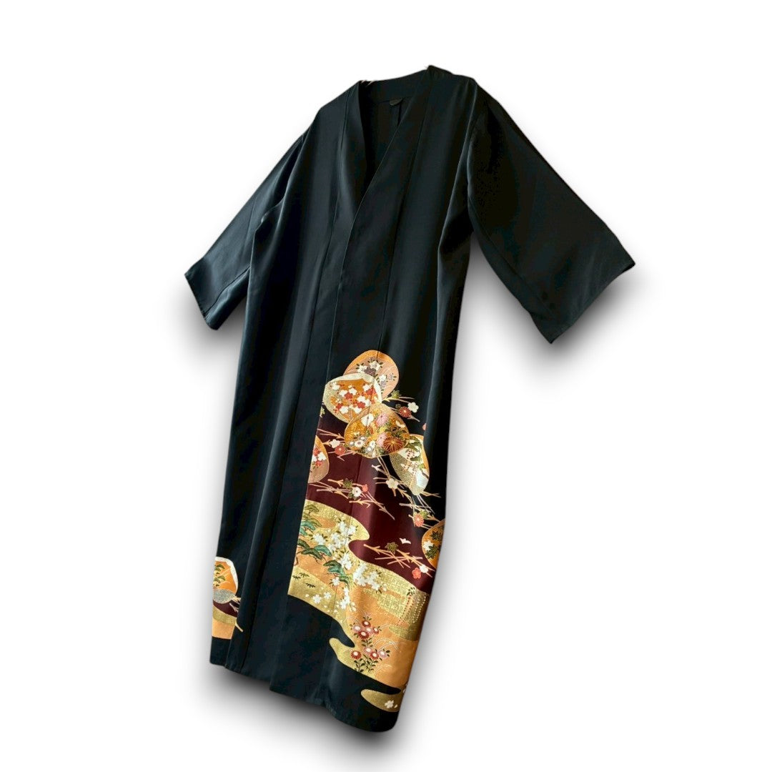 One-of-a-Kind Kimono Remake Long Coat – Reconstructed from Vintage Black Tomesode