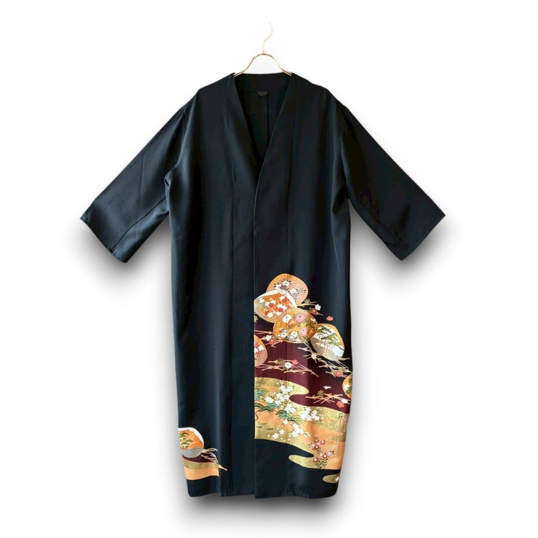One-of-a-Kind Kimono Remake Long Coat – Reconstructed from Vintage Black Tomesode