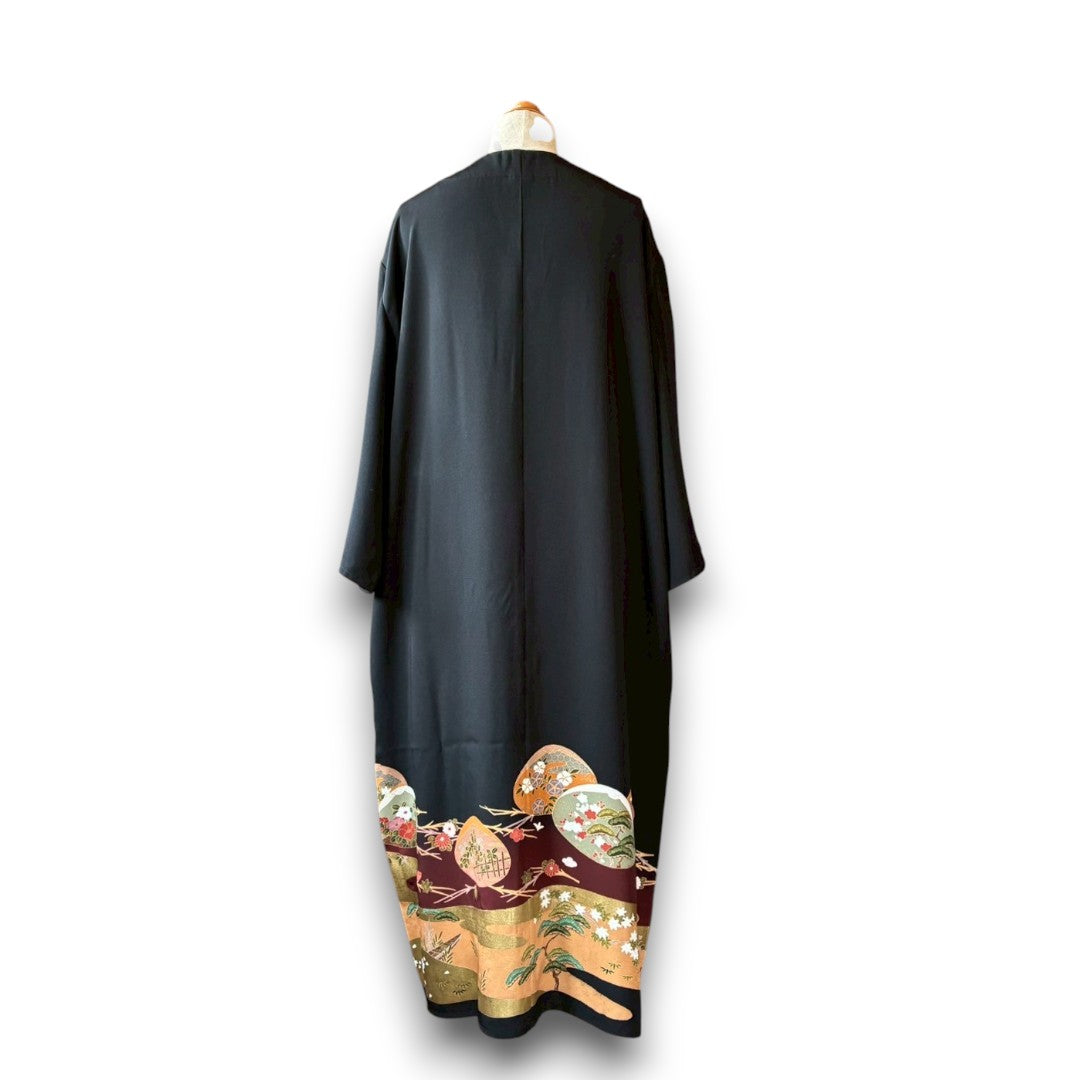 One-of-a-Kind Kimono Remake Long Coat – Reconstructed from Vintage Black Tomesode