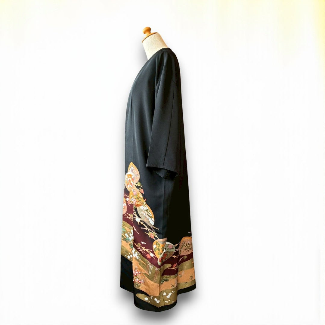 One-of-a-Kind Kimono Remake Long Coat – Reconstructed from Vintage Black Tomesode