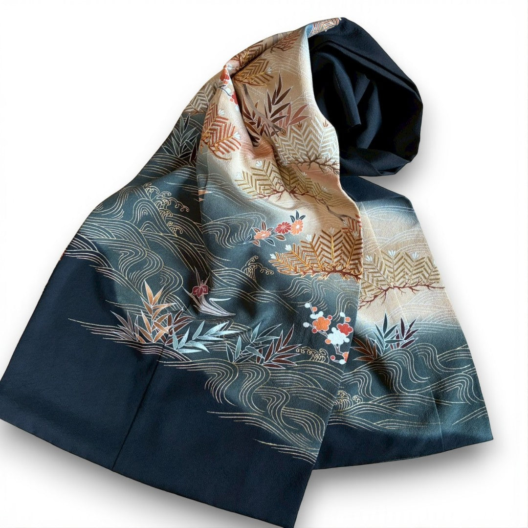 Remade Silk Scarf from Kurotomesode Kimono – Japanese Embroidery | mukafu Reconstructed