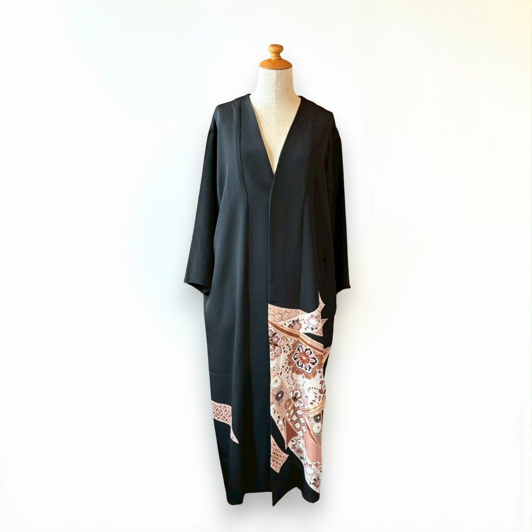 Remade Kuro-Tomesode Gown Coat with Traditional Japanese Patterns – One-of-a-Kind