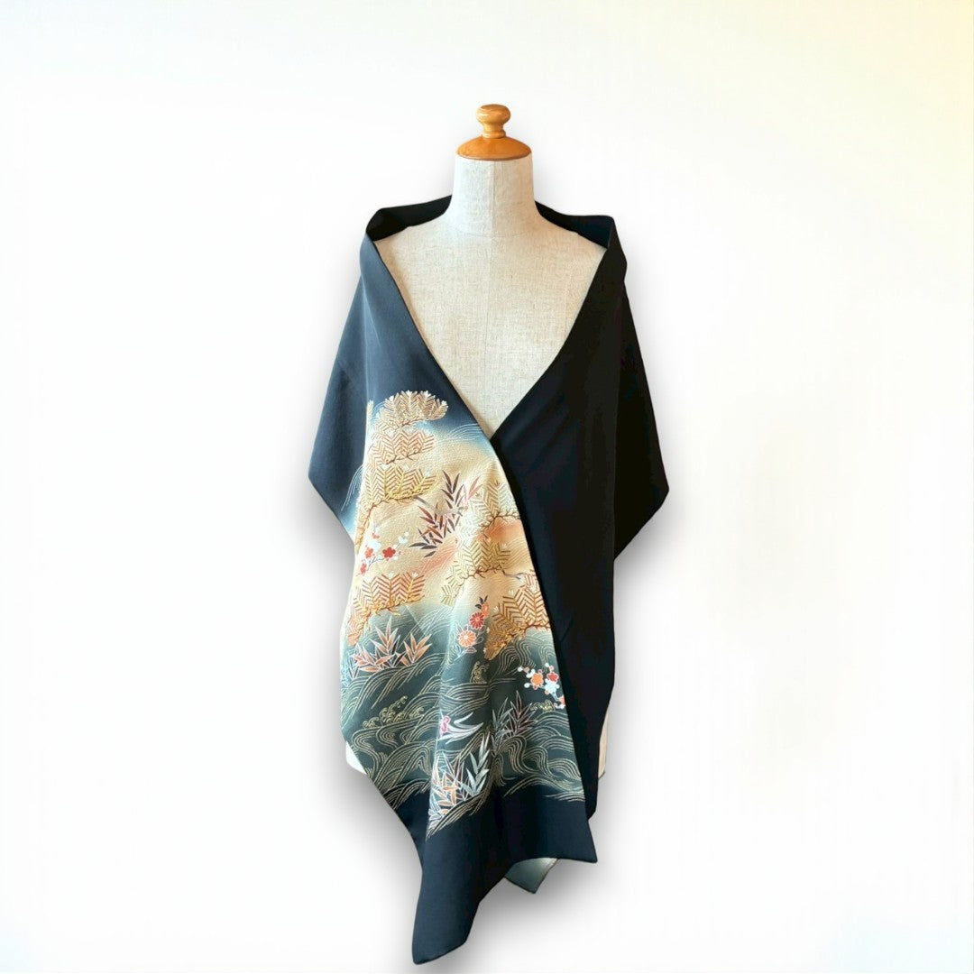 Remade Silk Scarf from Kurotomesode Kimono – Japanese Embroidery | mukafu Reconstructed