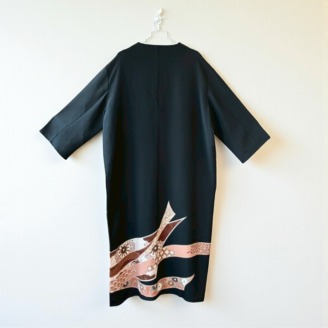 Remade Kuro-Tomesode Gown Coat with Traditional Japanese Patterns – One-of-a-Kind