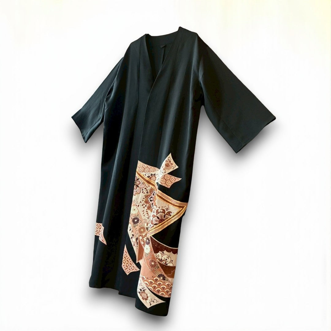Remade Kuro-Tomesode Gown Coat with Traditional Japanese Patterns – One-of-a-Kind